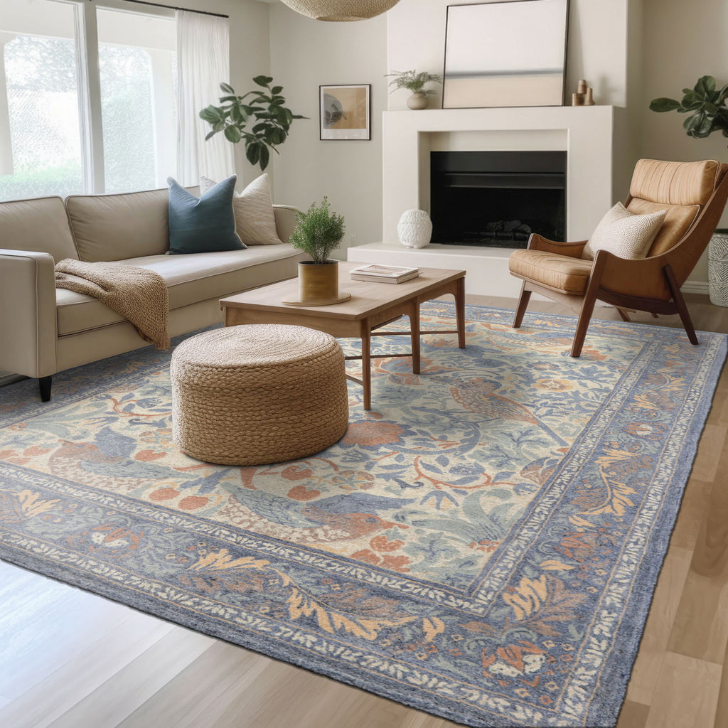 Multi Size Ivory Blue Aqua Color Hand Hooked William Morris Wool Traditional Oriental Rug