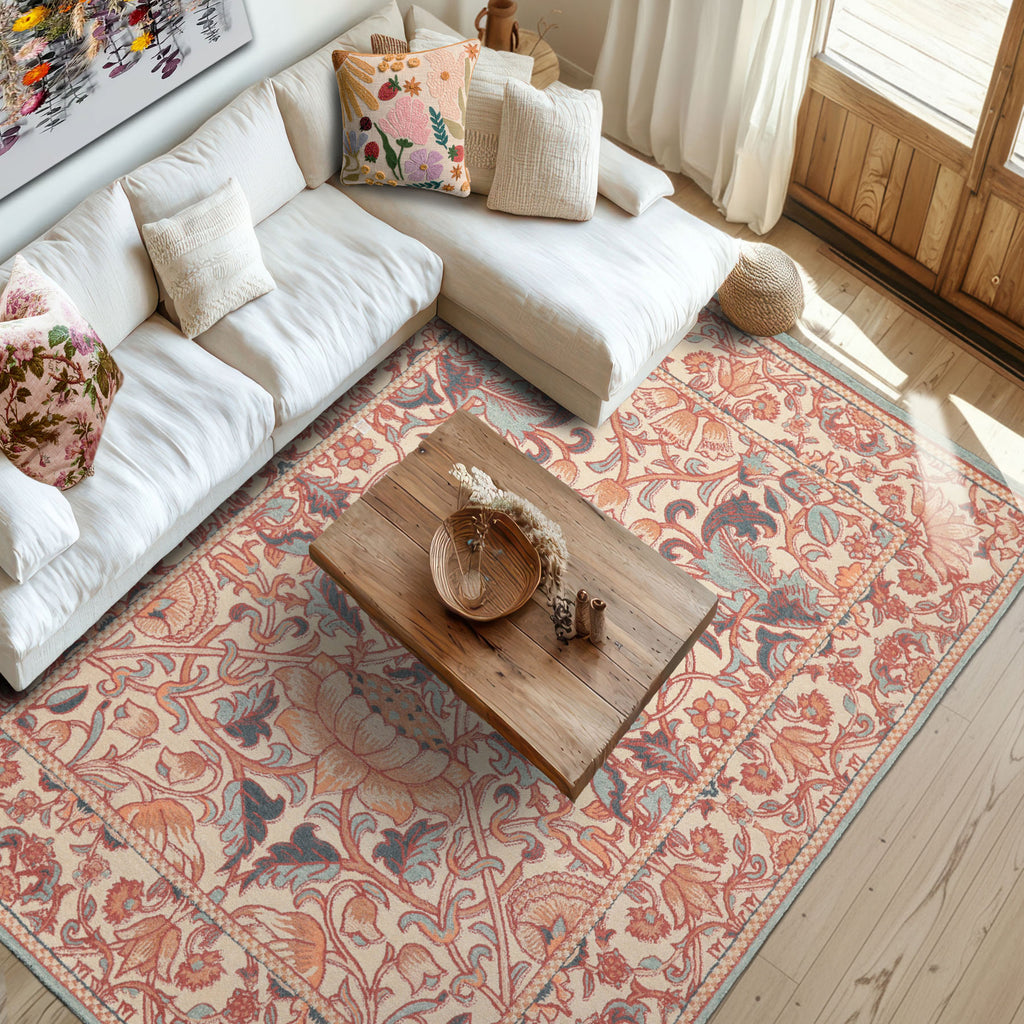 Multi Size Ivory Rust Peach Color Hand Hooked William Morris Wool Traditional Oriental Rug