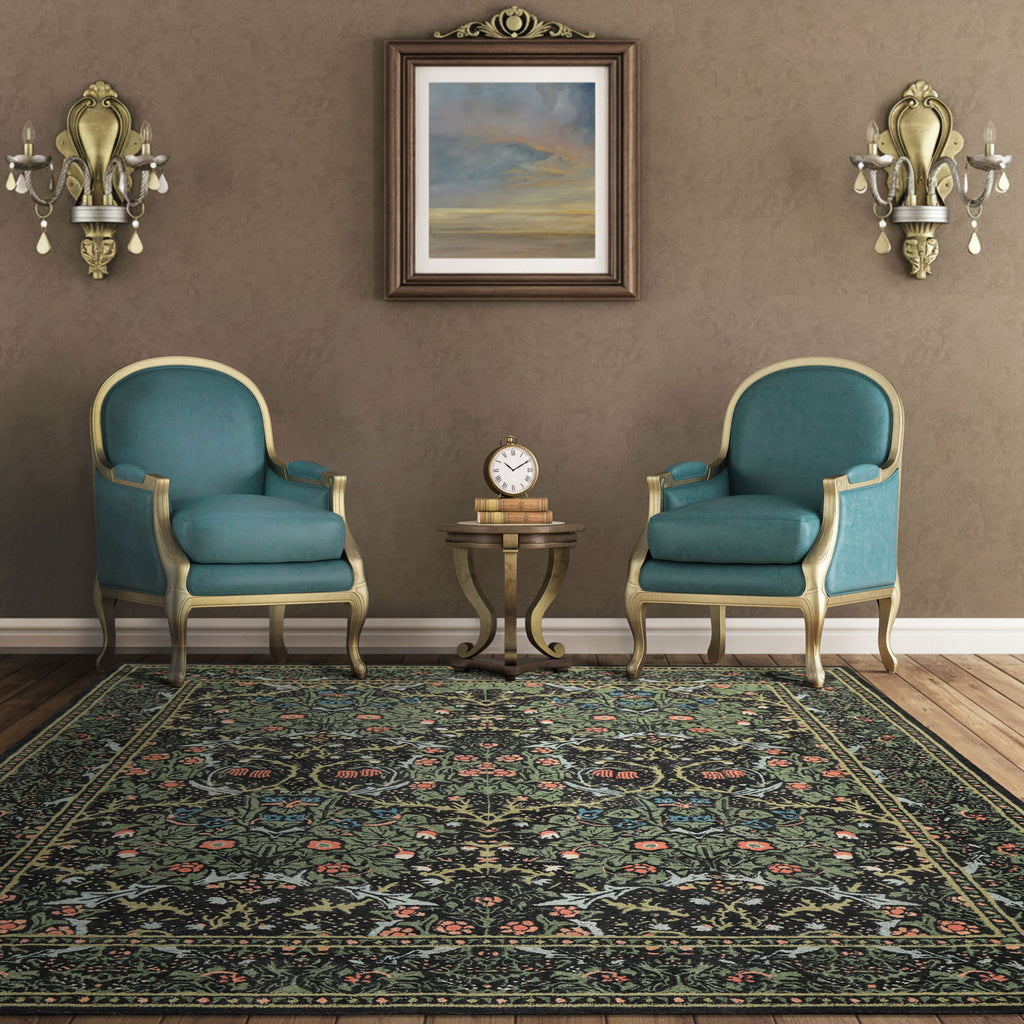 Multi Size Charcoal Sage Rose Color Hand Hooked William Morris Wool Traditional Oriental Rug