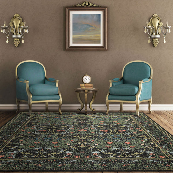 Multi Size Charcoal Sage Rose Color Hand Hooked William Morris Wool Traditional Oriental Rug