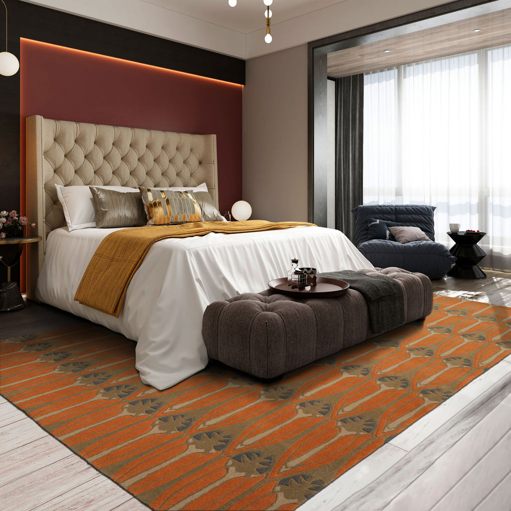 8x10 Orange, Moss, Beige Color Hand Tufted All-Over Wool Transitional Oriental Rug