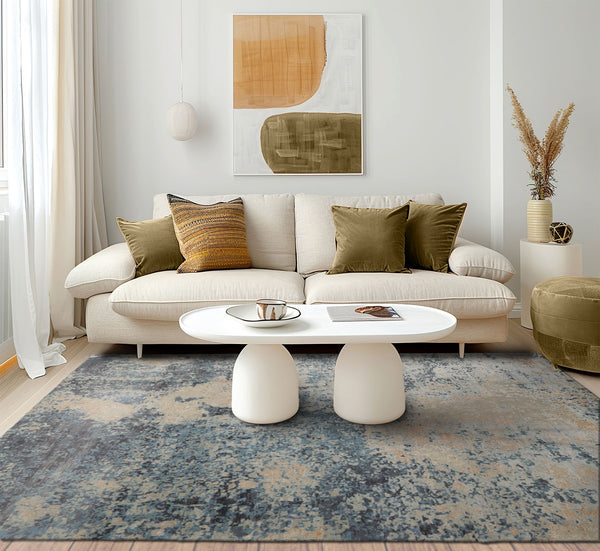 9x12 Gray, Blue, Beige Color Hand Knotted Sherpa Wool and Silk Modern Oriental Rug