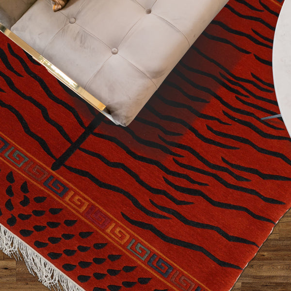 3x5 Burnt Orange, Charcoal, Gold Color Hand Knotted Animal Print Wool Art Deco Oriental Rug
