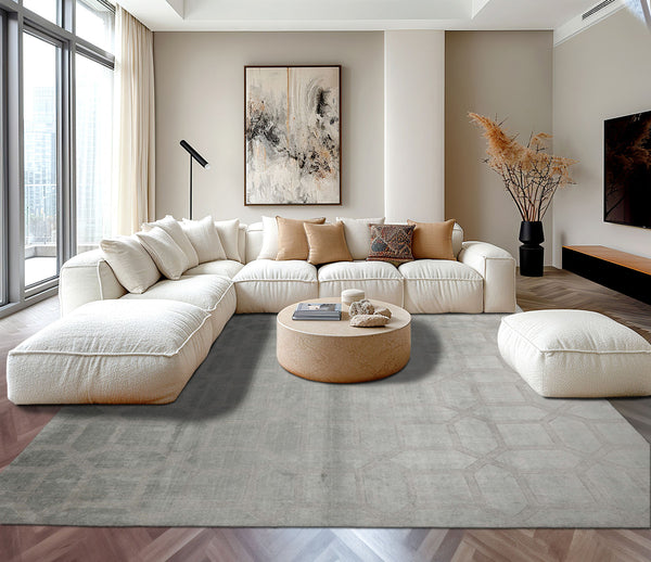 9x12 Tone on Tone Gray, , Color Hand Knotted Ribbed Bamboo Silk Modern Oriental Rug
