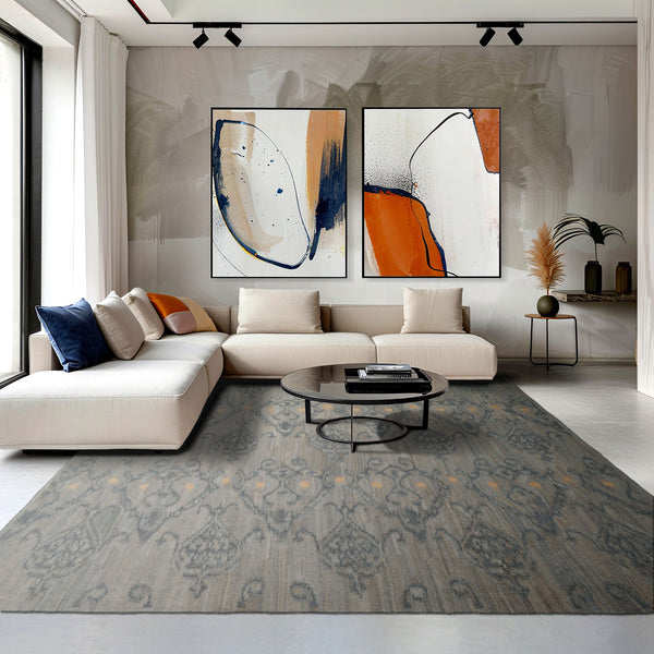 9x12 Gray, Blue, Ivory Color Hand Woven Flatweave Wool Modern Oriental Rug