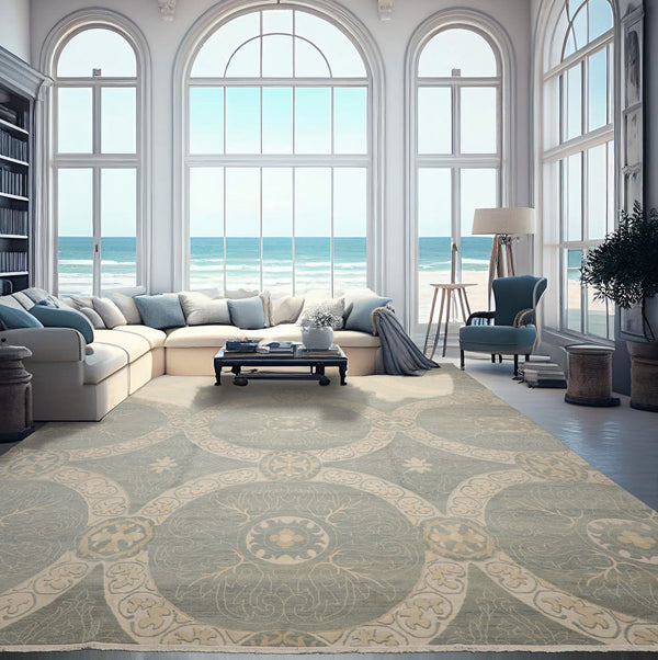 12x15 Ivory, Sea Foam, Color Hand Knotted All-Over Wool Transitional Oriental Rug