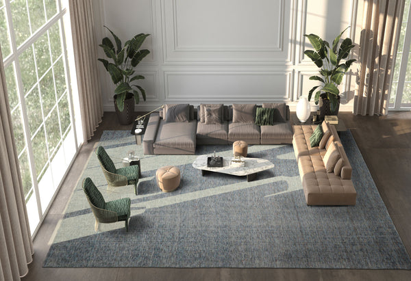 12x15 Blue, Rust, Green Color Hand Knotted Ribbed Wool Contemporary Oriental Rug