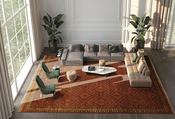 10x14 Rust, Gold, Moss Color Hand Knotted Geometric Wool Traditional Oriental Rug