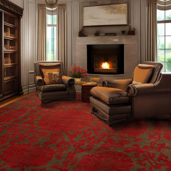 Square Brown, Coral, Color Hand Knotted Floral Wool Transitional Oriental Rug