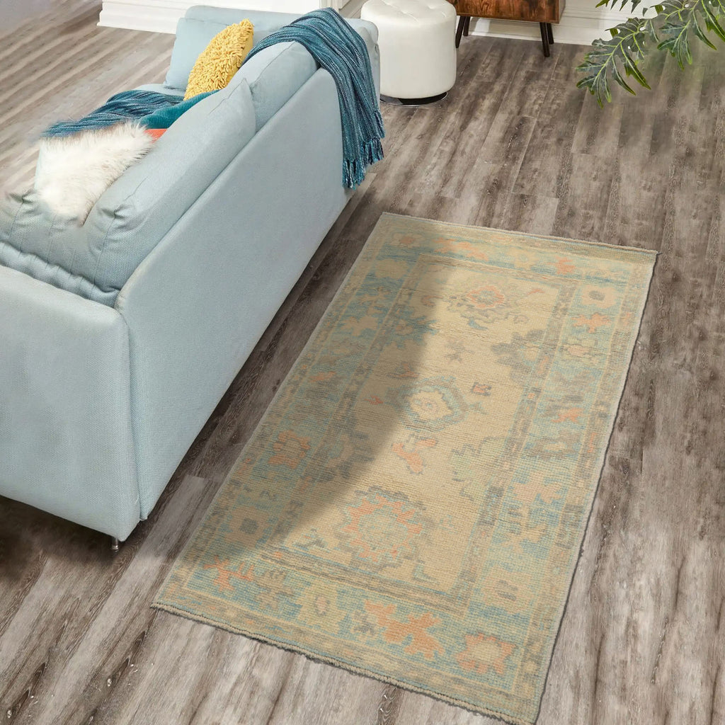 3x5 Beige, Aqua, Peach Color Hand Knotted Turkish Wool Arts & Crafts/Mission Oriental Rug