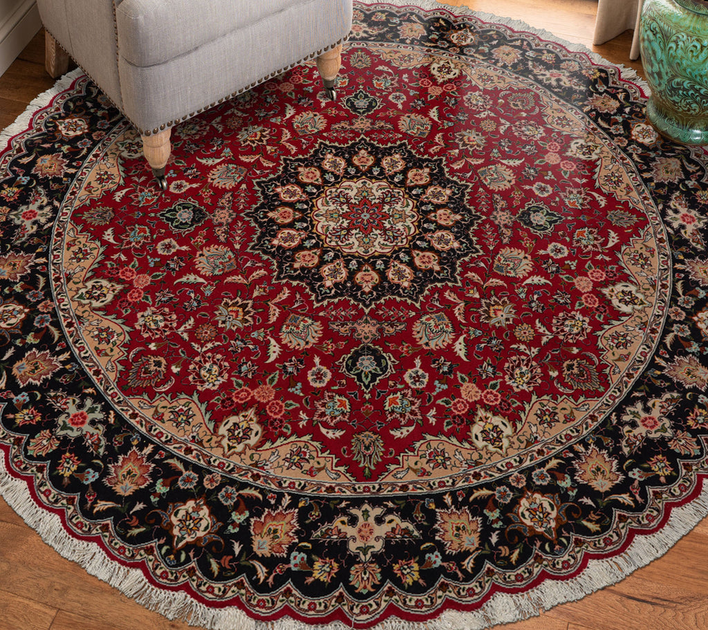 Hand Knotted Fuschia 6'7''x6'7'' Round Wool & Silk Tabriz Round Traditional Rug