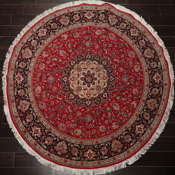 Round Red, Black, Ivory Color Hand Knotted Tabriz Round Wool & Silk Traditional Oriental Rug