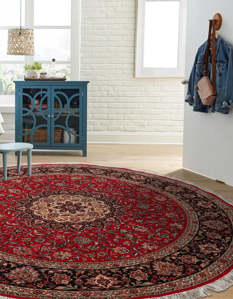 6'4''x6'4'' Hand Knotted Red Round Wool & Silk Tabriz Traditional Area Rug