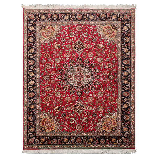 5x7 Red, Black, Ivory Color Hand Knotted Tabriz Wool & Silk Traditional Oriental Rug
