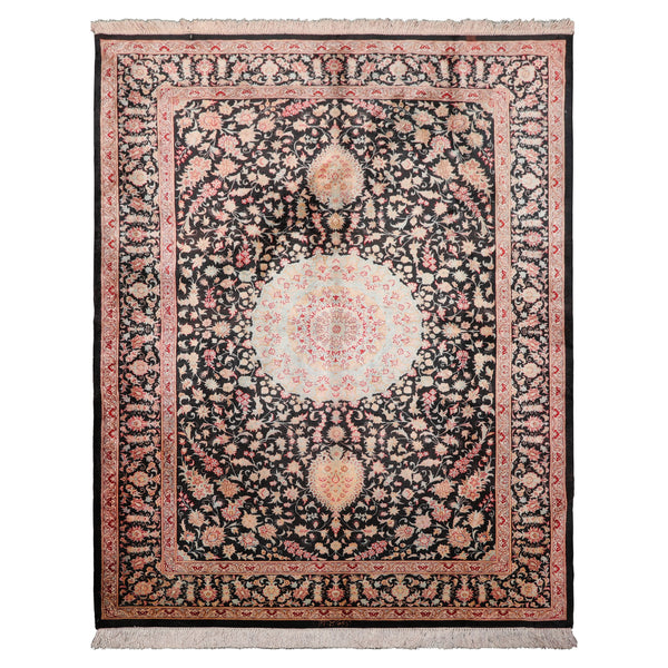 4x6 Charcoal, Peach, Aqua Color Hand Knotted Qum All Silk Silk Traditional Oriental Rug