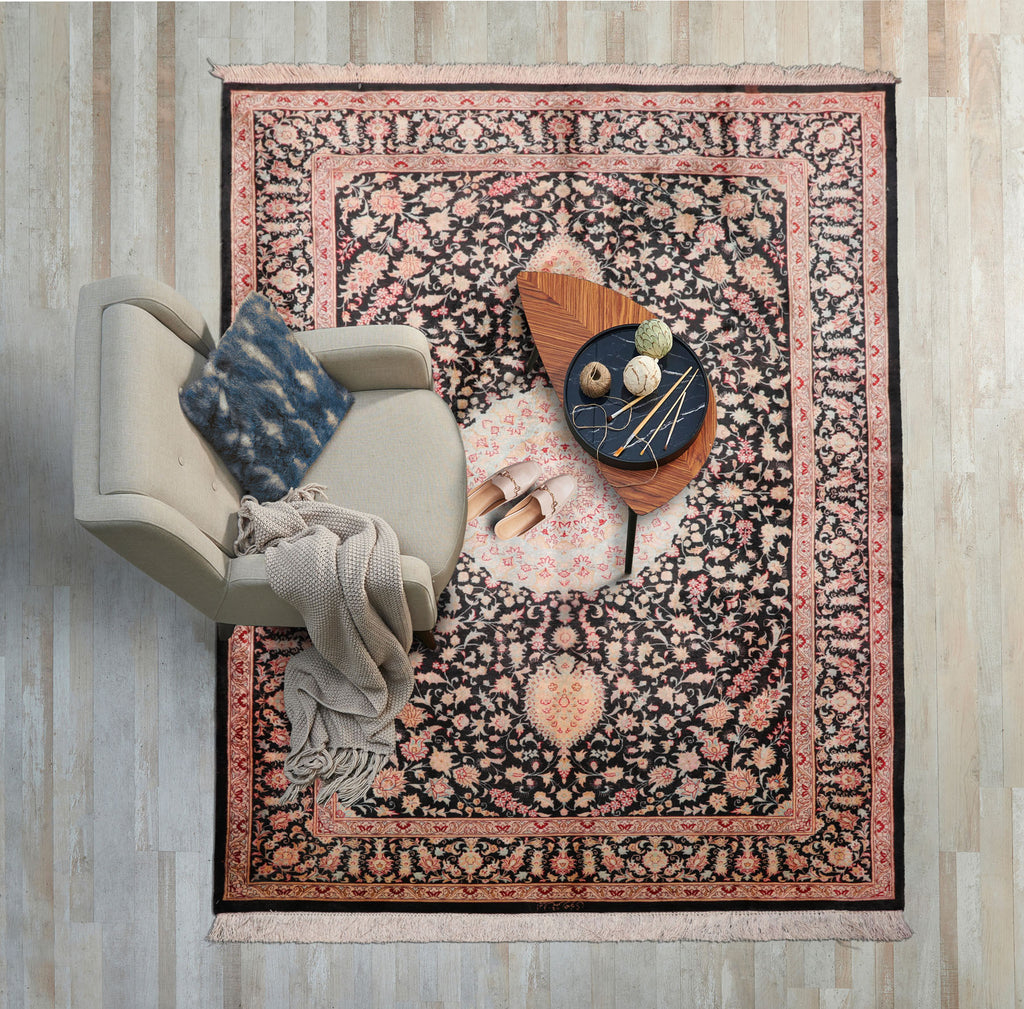 4'5''x6'4'' Hand Knotted Charcoal Qum All Silk Traditional Oriental Area Rug