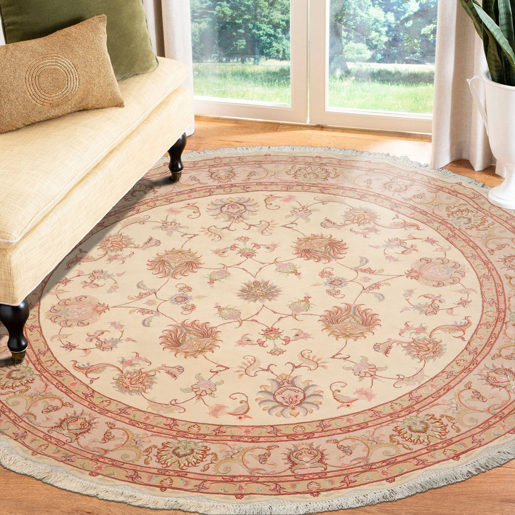 6'6''x6'6'' Hand Knotted Ivory Round Wool & Silk Tabriz 400 KPSI Traditional Area Rug