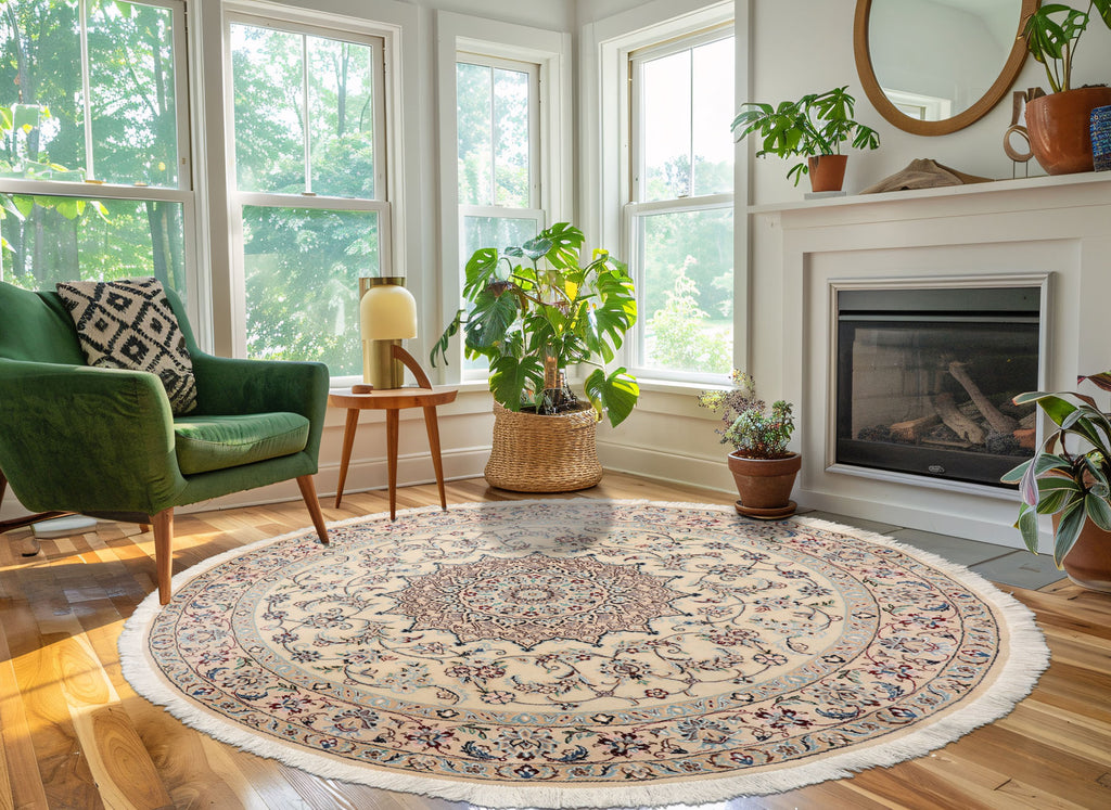 5x5 Hand Knotted Ivory Round Wool & Silk Nain 250 KPSI Traditional Oriental Area Rug