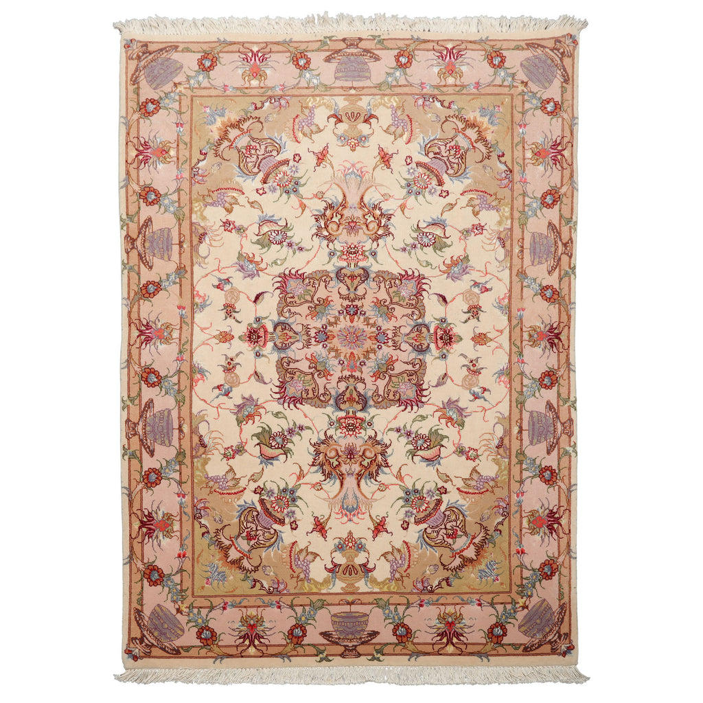 3x5 Ivory, Peach, Aubergine Color Hand Knotted Tabriz Wool & Silk Traditional Oriental Rug