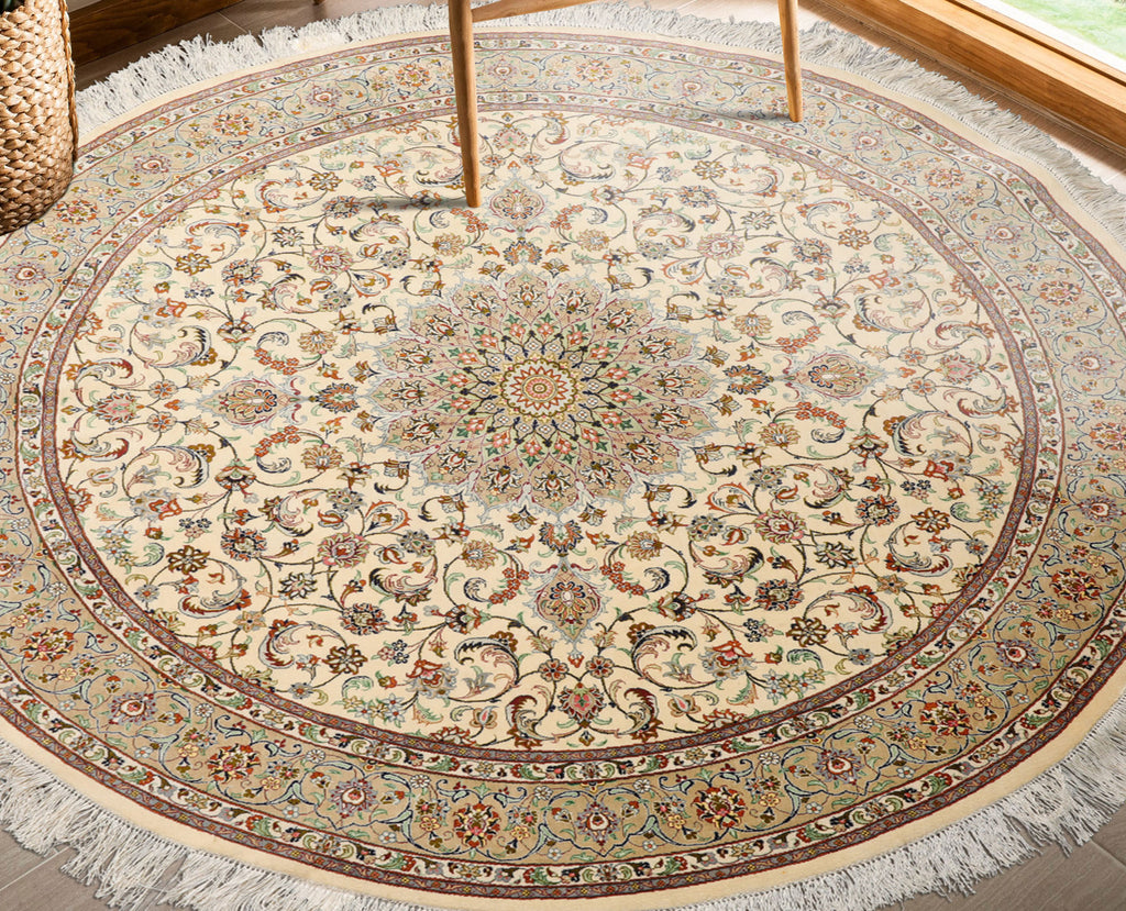 5x5 Hand Knotted Ivory Round Qum All Silk 600 KPSI Traditional Oriental Area Rug