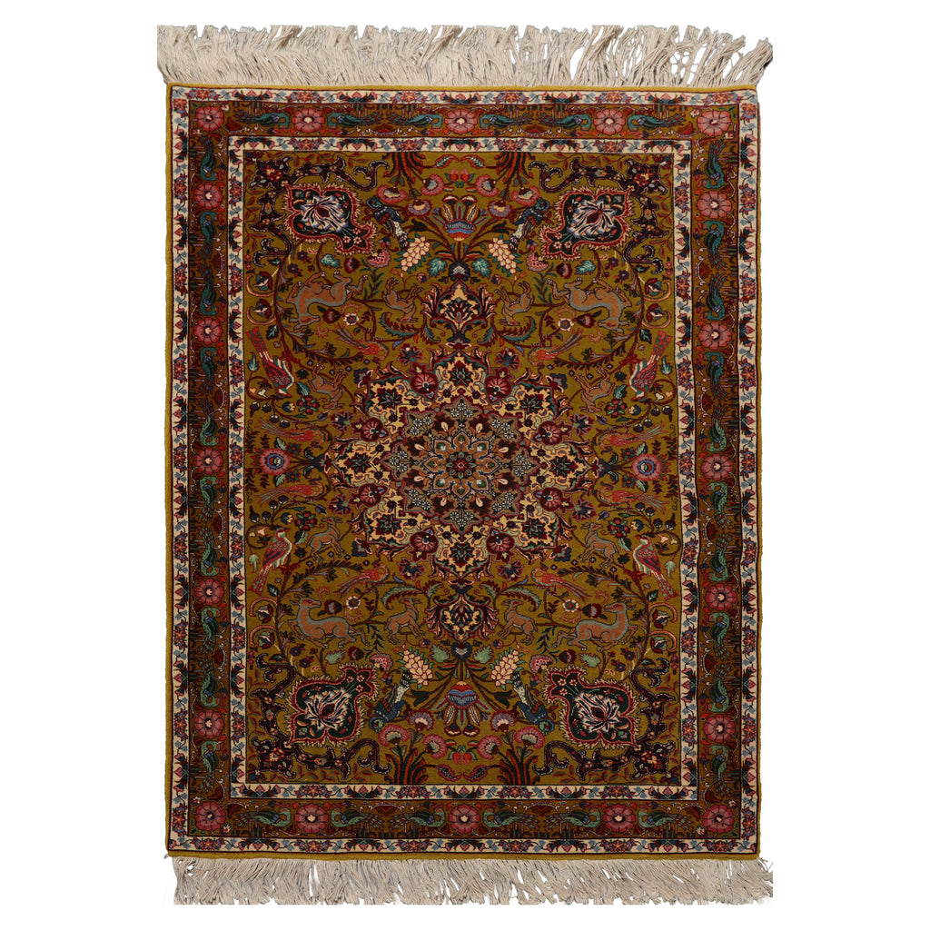 3x5 Mustard, Ivory, Green Color Hand Knotted Tabriz Wool & Silk Traditional Oriental Rug