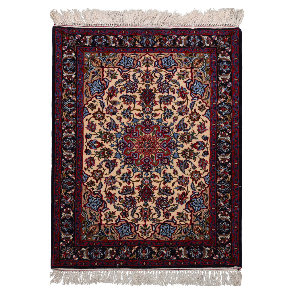 2x3 Beige, Navy, Red Color Hand Knotted Isfahan Wool & Silk Traditional Oriental Rug