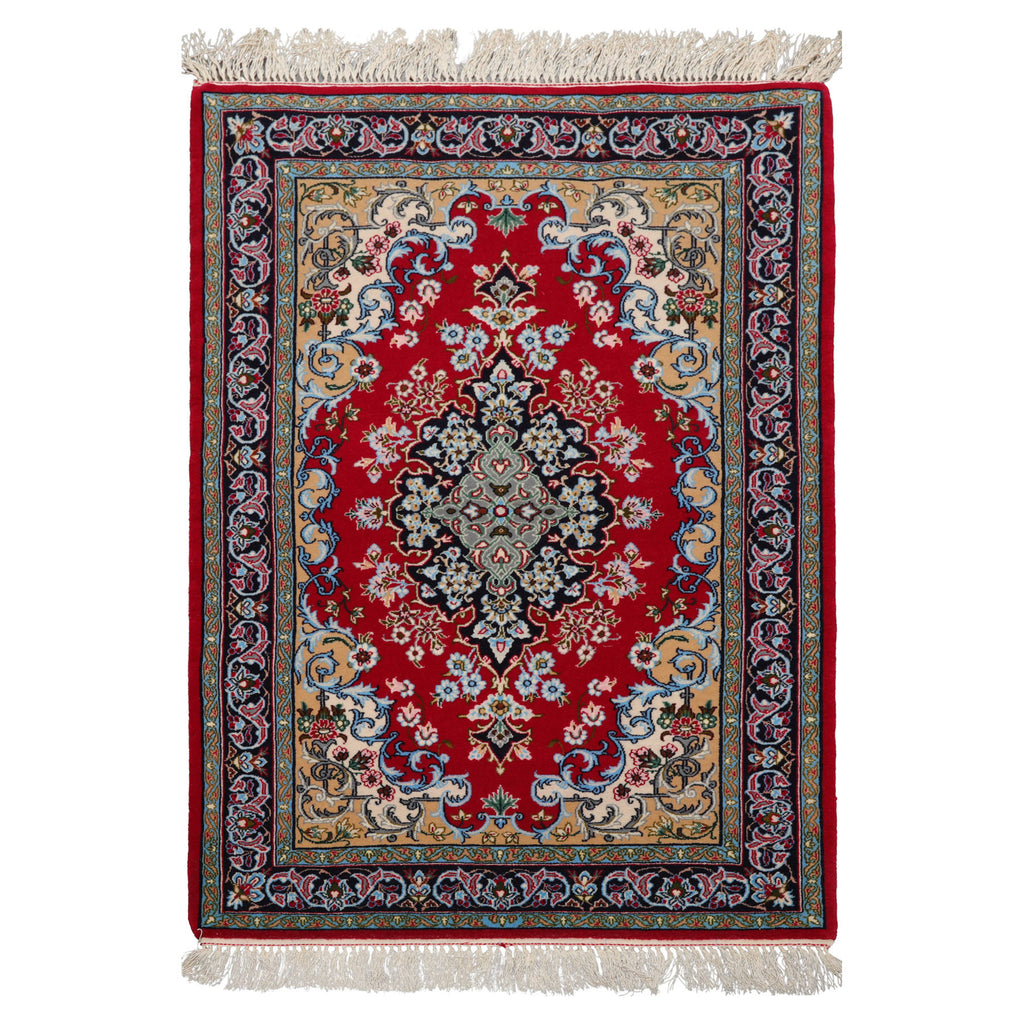 2x3 Red, Blue, Pistacchio Color Hand Knotted Isfahan Wool & Silk Traditional Oriental Rug