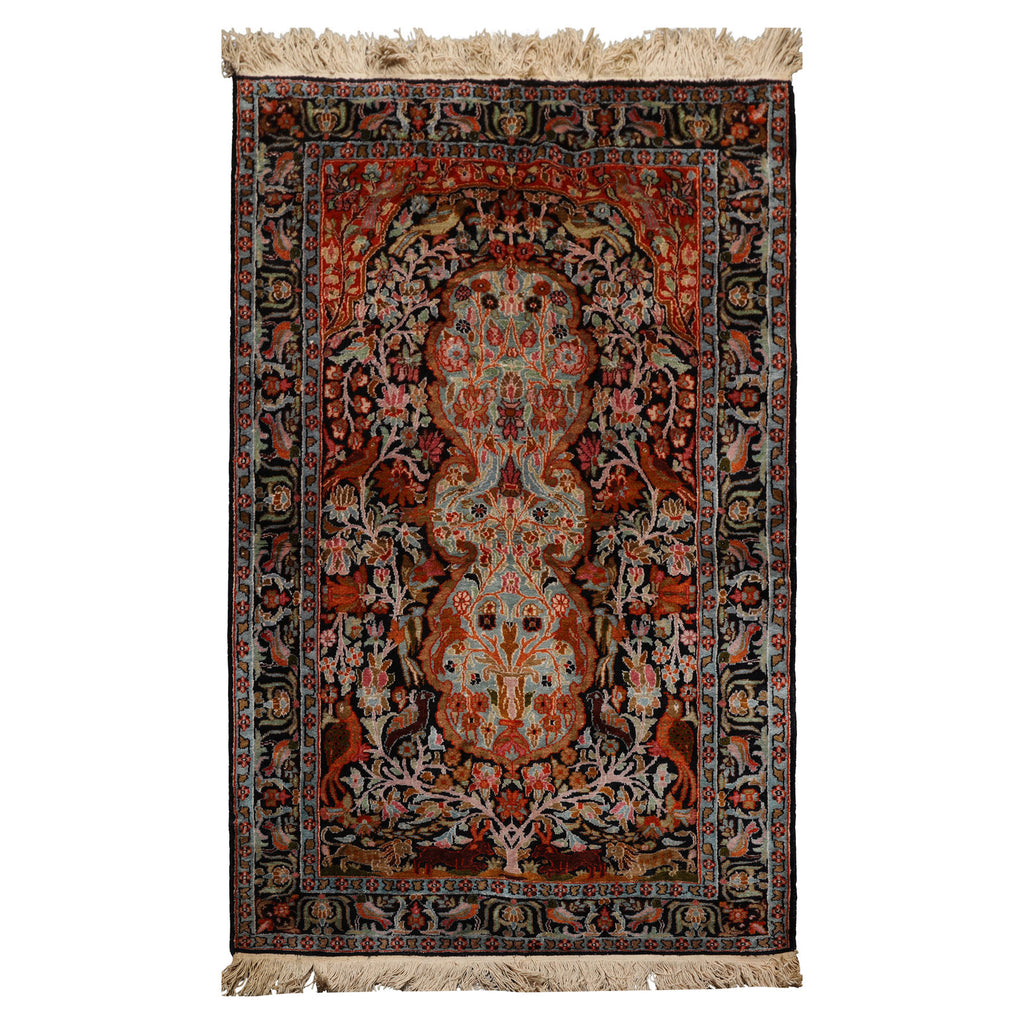 3x5 Black, Orange, Cream Color Hand Knotted Qum All Silk Silk Traditional Oriental Rug