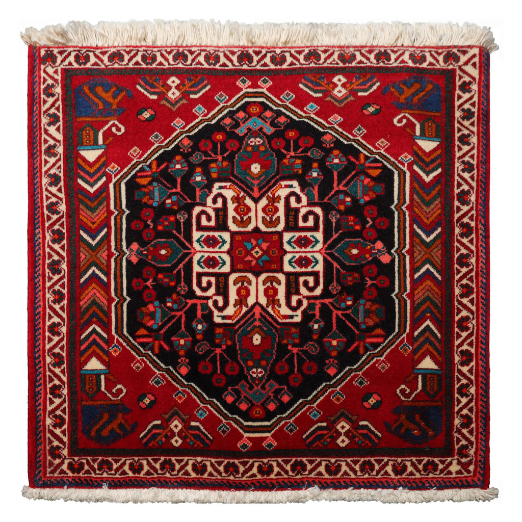 Square Black, red, Ivory Color Hand Knotted Abadeh Wool Traditional Oriental Rug