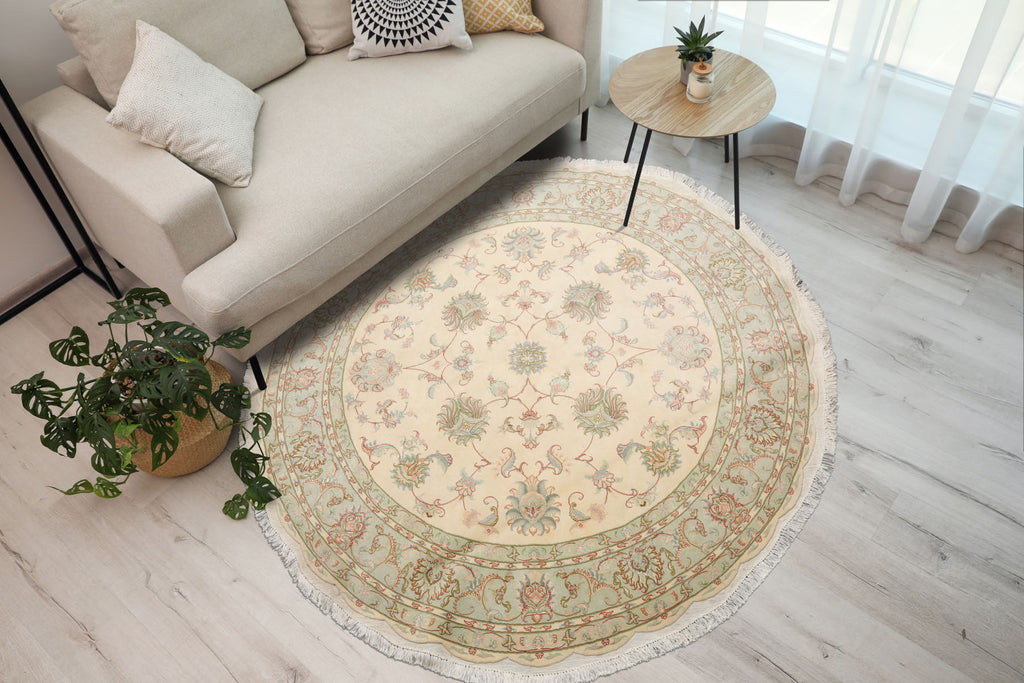 6'6''x6'6'' Round Hand Knotted Ivory Wool & Silk Tabriz 300 KPSI Traditional Oriental Area Rug