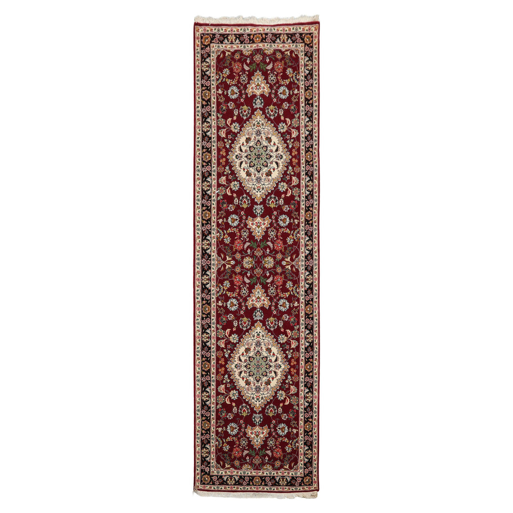 Runner Maroon, Black, Ivory Color Hand Knotted Tabriz Wool & Silk Traditional Oriental Rug