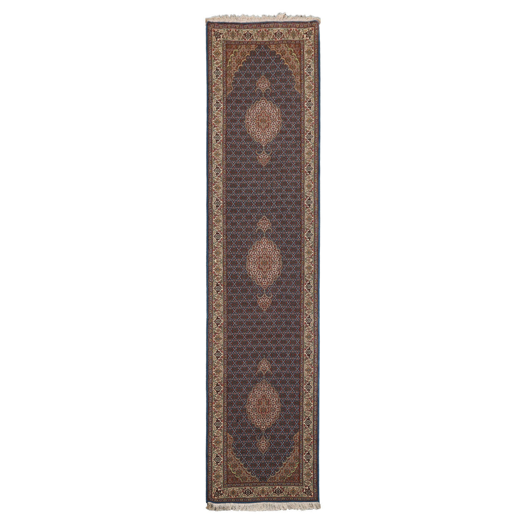 Runner Blue, Ivory, Brown Color Hand Knotted Tabriz Wool & Silk Traditional Oriental Rug