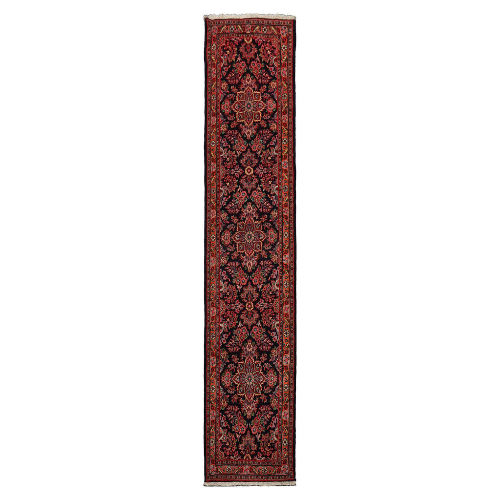 Runner Navy, Orange, Ivory Color Hand Knotted Hamedan Wool Traditional Oriental Rug