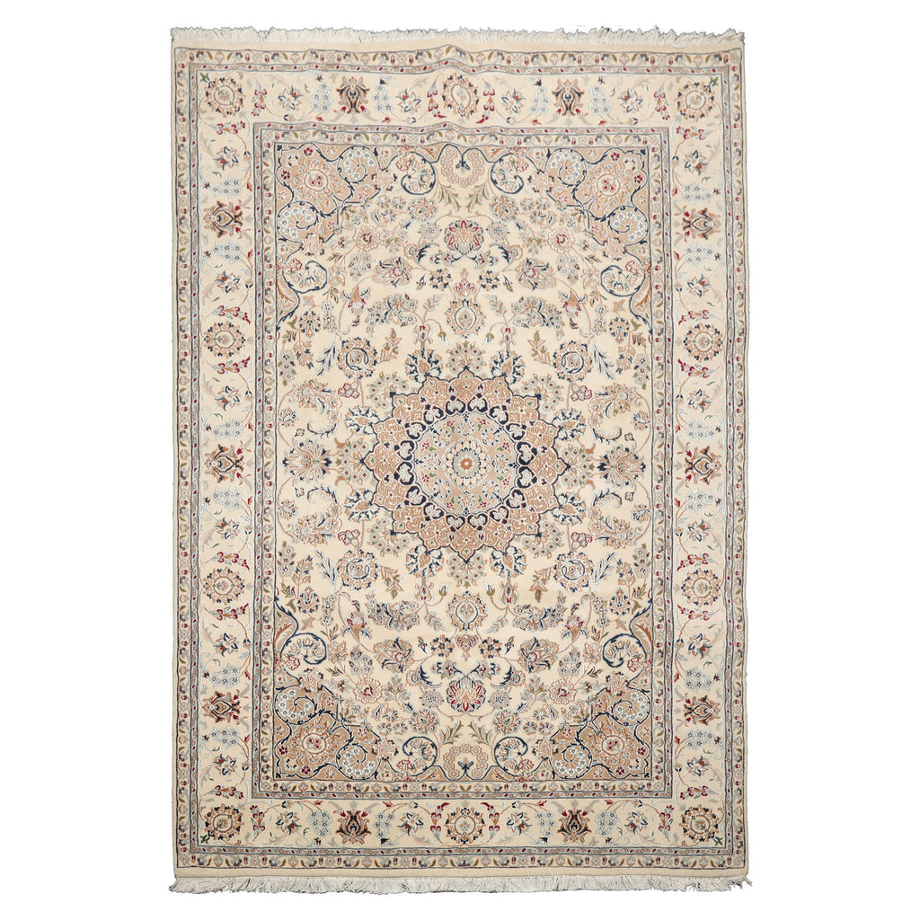 6x9 Ivory, Tan, Navy Color Hand Knotted Nain Wool & Silk Traditional Oriental Rug