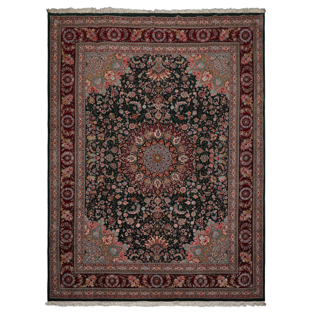 9x12 Emerald, Burgundy, Aqua Color Hand Knotted Sino Persian Wool & Silk Traditional Oriental Rug