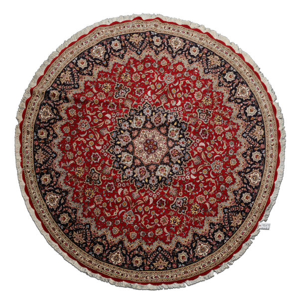 Round Red, Navy, Ivory Color Hand Knotted Tabriz Wool Traditional Oriental Rug