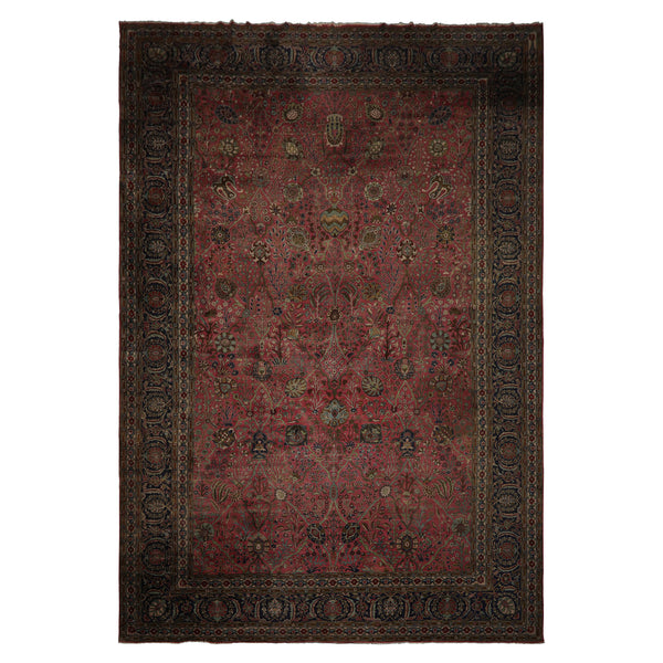 12x17 Antique Rose, Navy, Aqua Color Hand Knotted Antique Sarouk Wool Traditional Oriental Rug