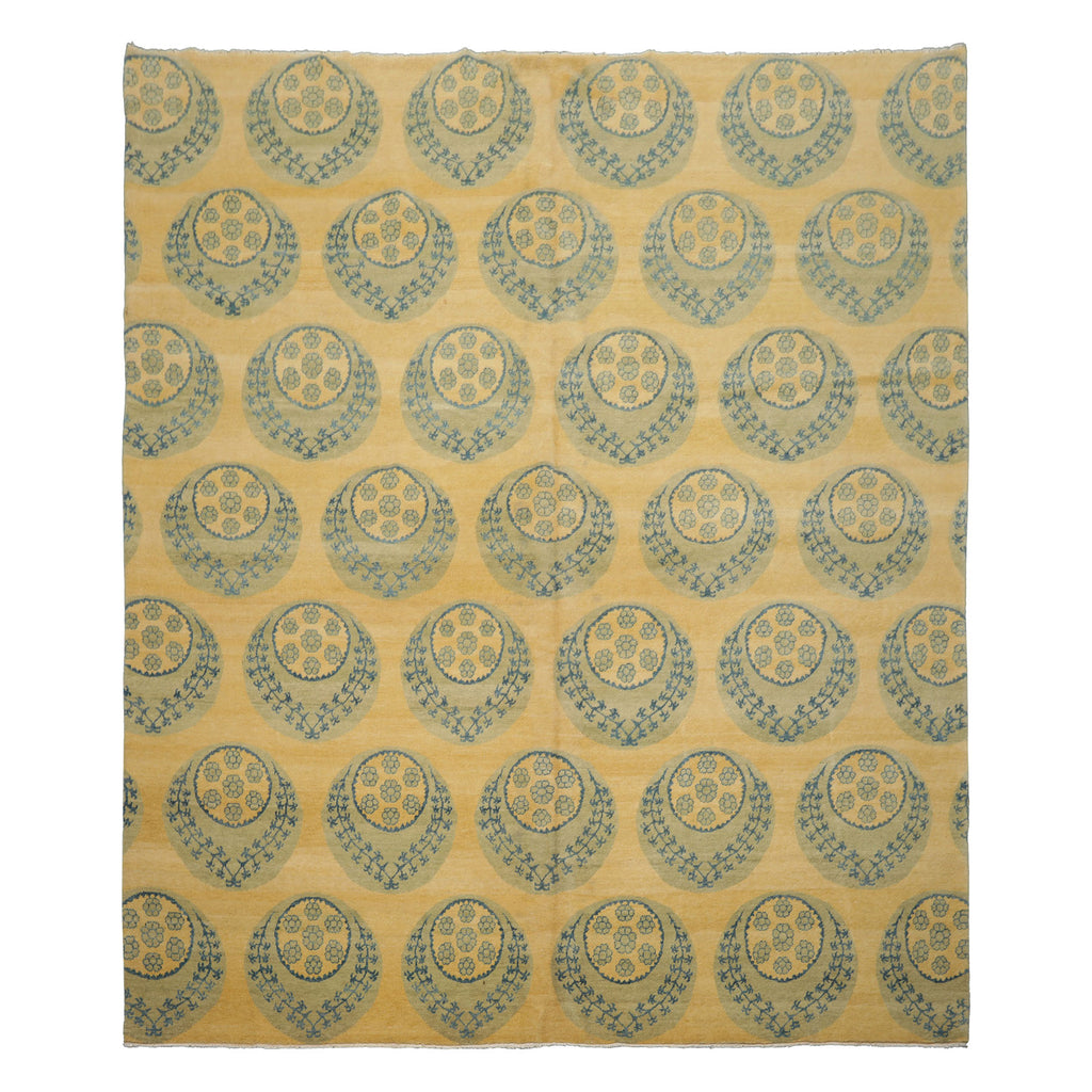 8x9 Light Gold, Mint, Blue Color Hand Knotted Tibetan Wool Transitional Oriental Rug