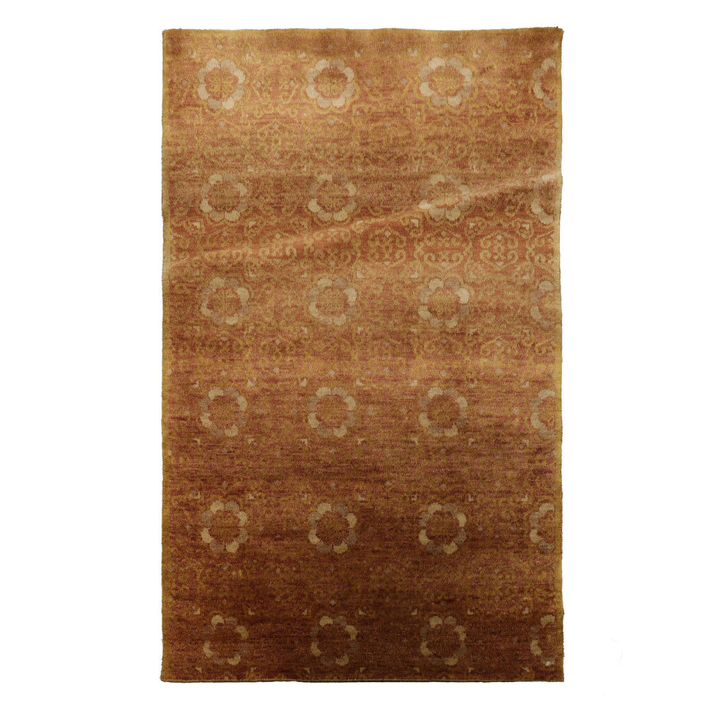 3x5 Rust, Green, Beige Color Hand Knotted Tibetan Wool Transitional Oriental Rug
