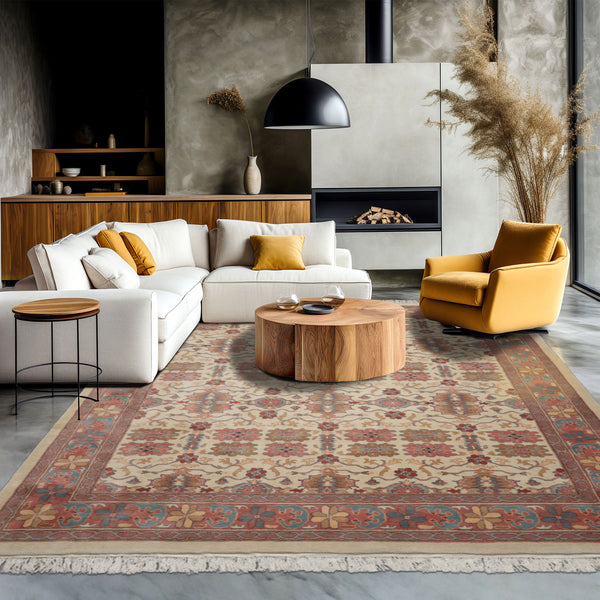 8x10 Ivory, Rose, Taupe Color Hand Knotted Jahan Wool Traditional Oriental Rug