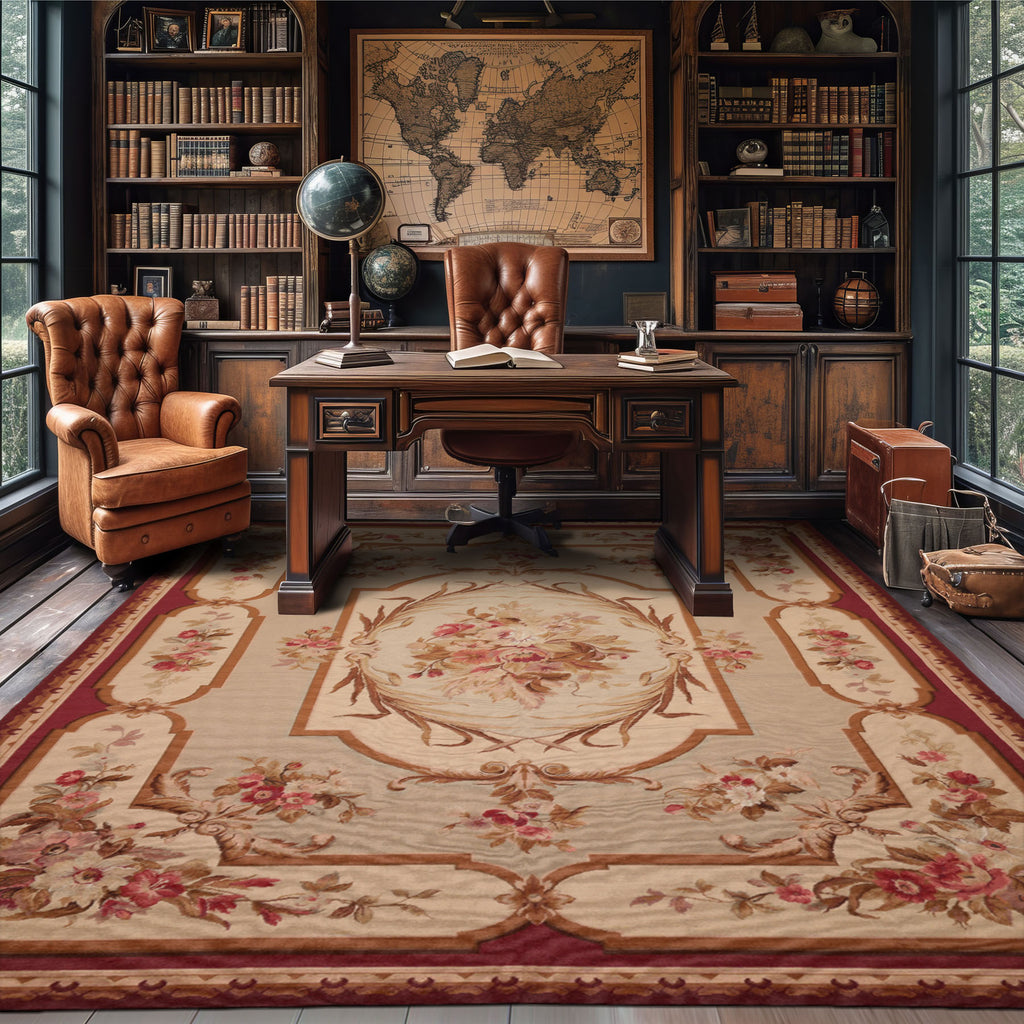 7x10 Ivory, Beige, Burgundy Color Hand Woven French Aubusson Needlepoint  Wool Traditional Oriental Rug