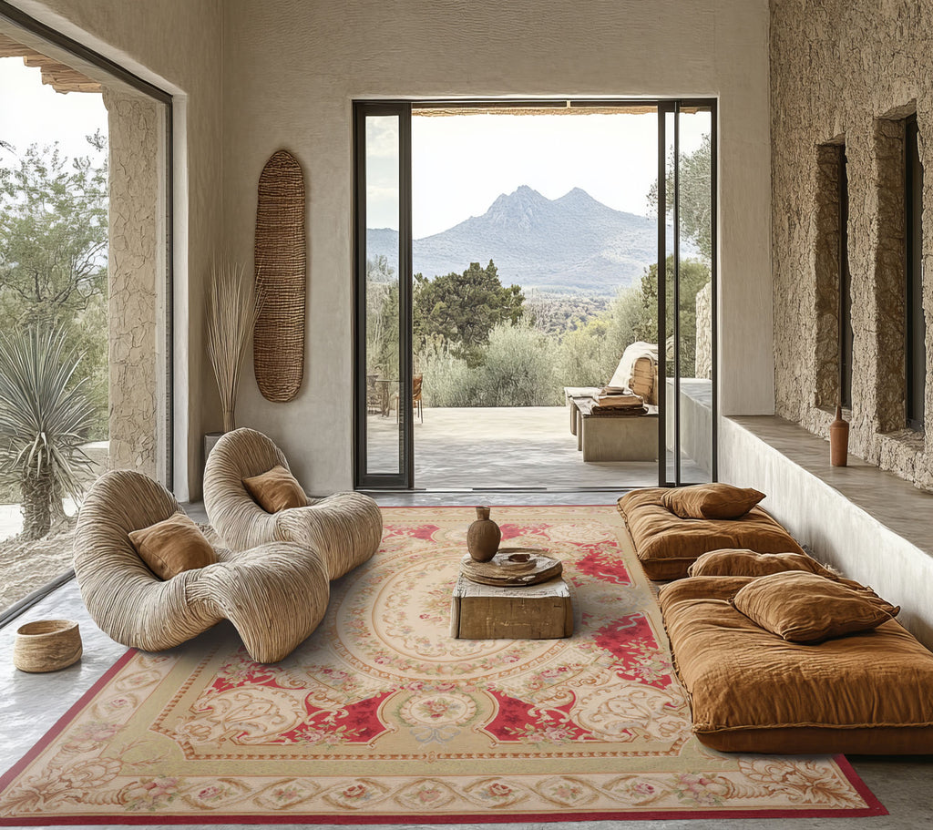 9x12 Crimson, Ivory, Mint Color Hand Woven French Aubusson Flatweave Wool Traditional Oriental Rug