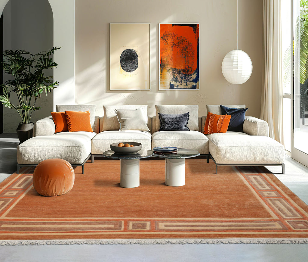 8x10 Peach, Ivory, Coral Color Hand Knotted Tibetan Wool Modern & Contemporary Oriental Rug