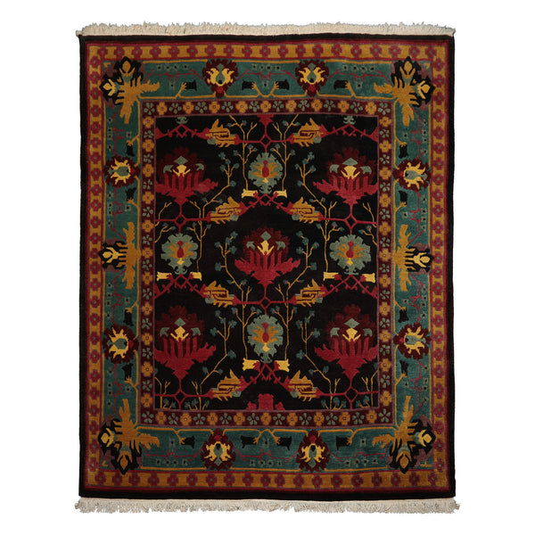 8x10 Charcoal, Turquoise, Rose Color Hand Knotted Tibetan Wool Arts & Crafts Oriental Rug
