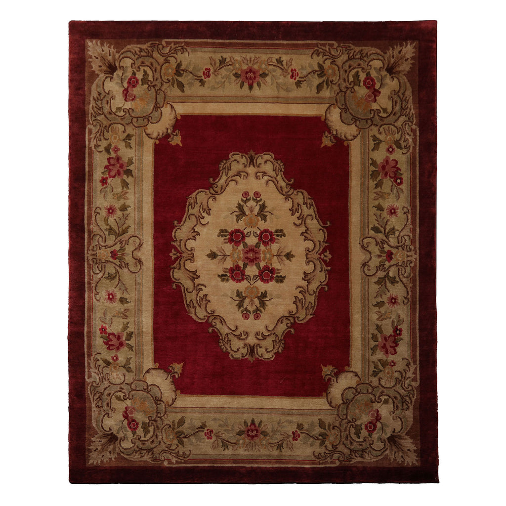 8x10 Crimson, Green, Tan Color Hand Knotted French Aubusson Savonnerie Wool Traditional Oriental Rug