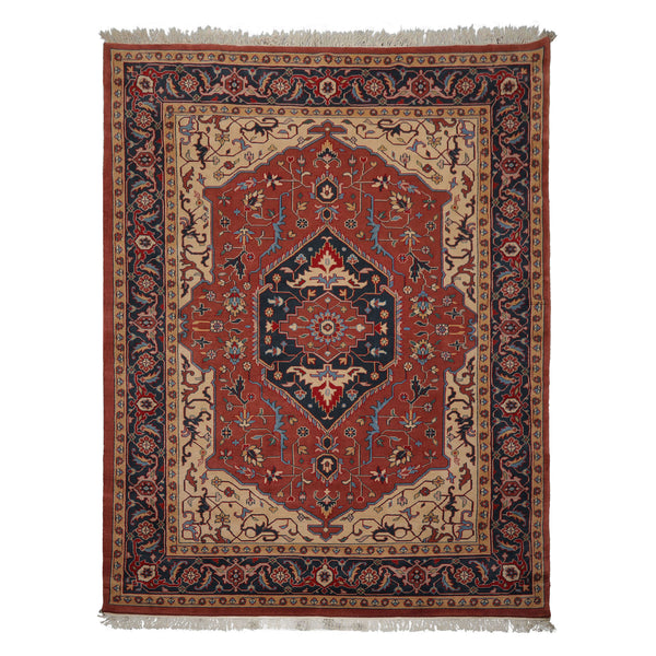 9x12 Salmon, Navy, Tan Color Hand Knotted Heriz Wool Traditional Oriental Rug