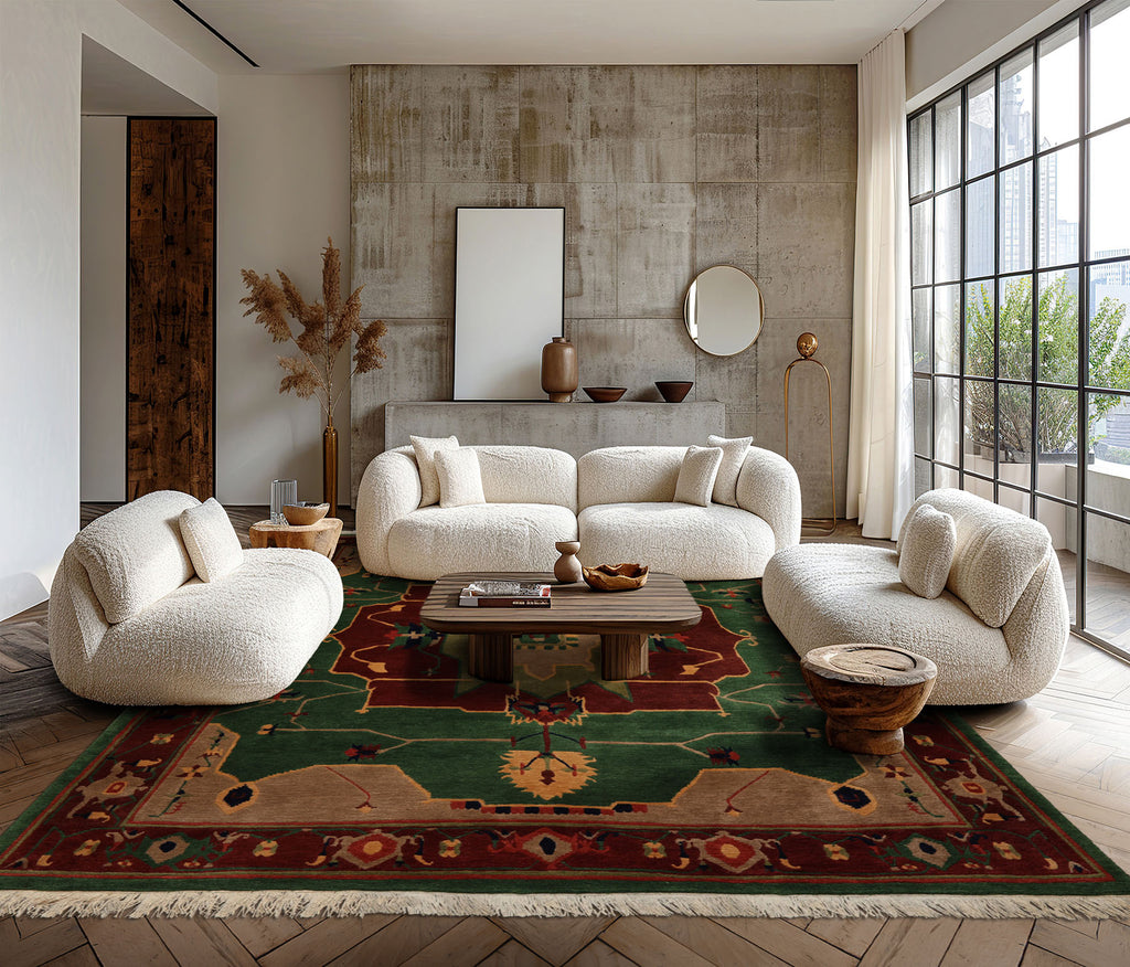 Tufenkian Green 8'x9'10" Tibetan Arts & Crafts Hand Knotted Wool Swiss Wash Plush pile Oriental Area Rug