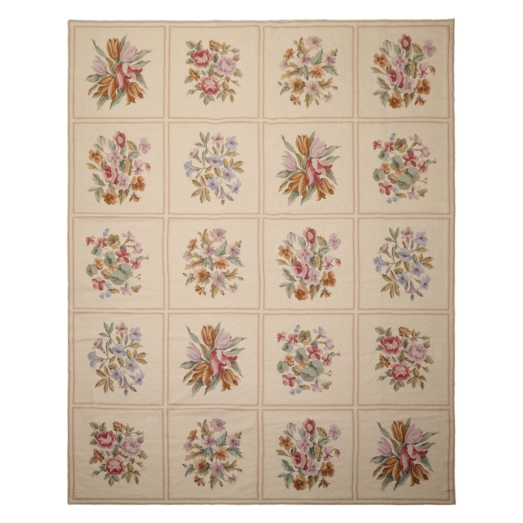 8x10 Ivory, Tan, Green Color Hand Woven French Aubusson Needlepoint  Wool Traditional Oriental Rug