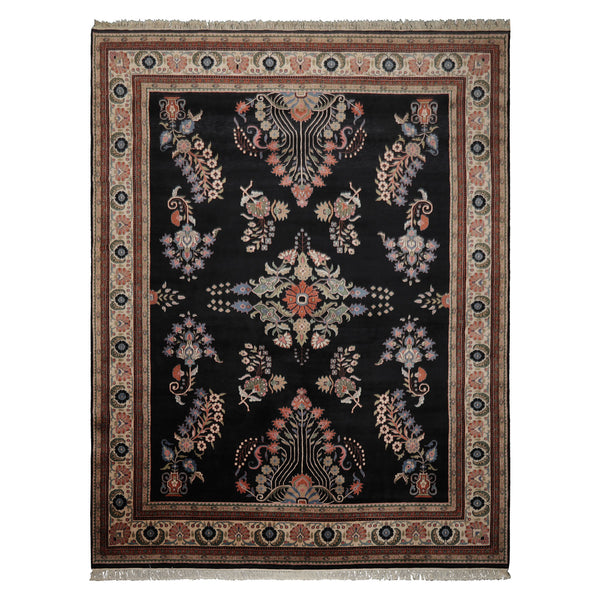 9x12 Black, Ivory, Green Color Hand Knotted Sarouk New Zealand Wool Traditional Oriental Rug