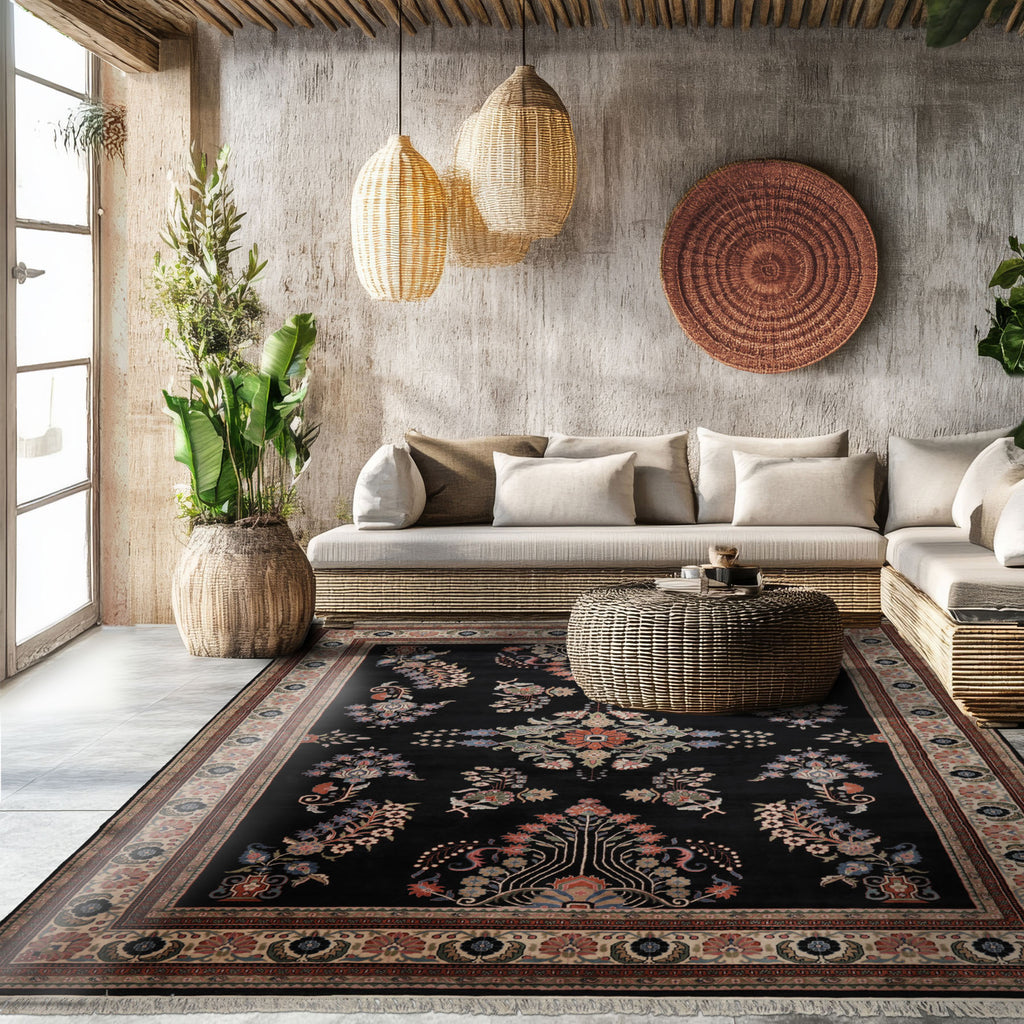 Black 9'x12' Sarouk Traditional New Zealand Wool Hand Knotted Plush pile Oriental Area Rug